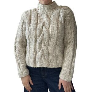 Hand Knit Womens Chunky Wool White Cable Knit Oversized Fisherman Sweater Sz M